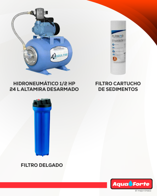 Paquete Tinaco Vertical Aquaforte 1100 Lts, Hidro 1/2 HP 24 L Altamira Desarmado y Filtro Delgado - Imagen 2