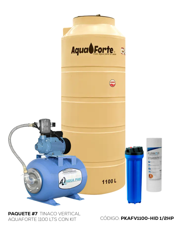 Paquete Tinaco Vertical Aquaforte 1100 Lts, Hidro 1/2 HP 24 L Altamira Desarmado y Filtro Delgado