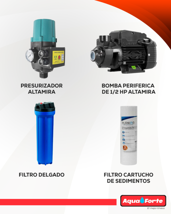 Paquete Tinaco Vertical Aquaforte 1100 Lts, con Kit Presurizador y Bomba Periferica de 1/2 HP Altamira y Filtro Delgado - Imagen 2