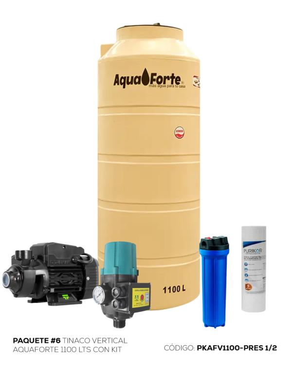 Paquete Tinaco Vertical Aquaforte 1100 Lts, con Kit Presurizador y Bomba Periferica de 1/2 HP Altamira y Filtro Delgado